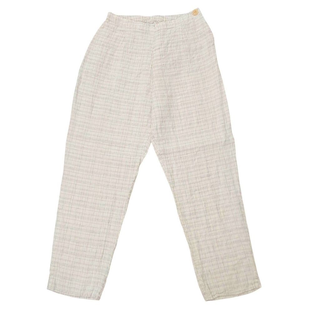 Flax Linen Pants Womens Medium Beige Linen Plaid Pull On Lagenlook Coastal